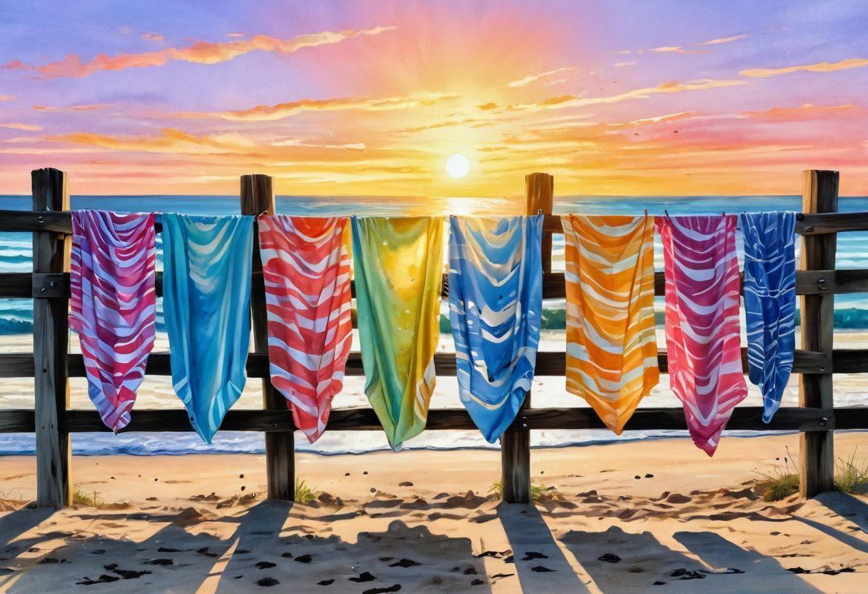 A serene beach scene at sunrise, showcasing colorful beachwear hung on a vibrant, weathered wooden fence. Joyful figures happily playing in the surf, radiating positivity and overcoming sadness. Gentle waves lapping the shore, with seashells and beach towels scattered about. Soft, glowing sunlight illuminating the scene, creating a warm and inviting atmosphere. watercolor painting. pastel colors.