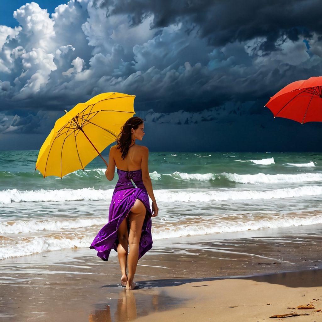 A serene beach scene transitioning from a rainy, gloomy backdrop to vibrant summer colors, showcasing a person joyfully changing into lively beachwear. Emphasize the contrast of dark clouds giving way to sunshine, with waves gently lapping at the shore, and colorful beach umbrellas in the background. Incorporate elements of transformation, like pieces of torn fabric symbolizing sadness, morphing into bright, trendy summer outfits. surrealistic. vibrant colors. 3D.